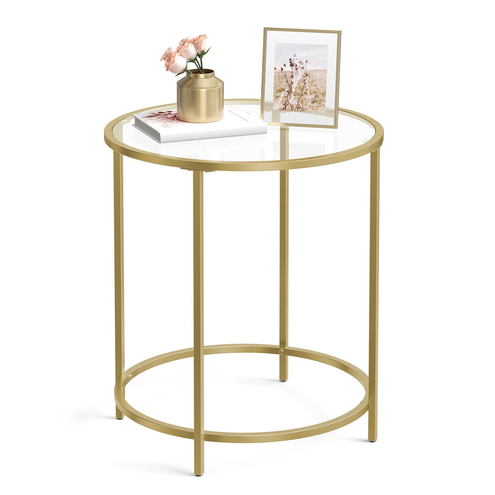 VASAGLE Beistelltisch rund, kleiner Couchtisch, Glastisch, mit Oberfläche aus Hartglas und Metallgestell, Nachttisch, Sofatisch, Balkon, metallisches Gold-transparent LGT20G
